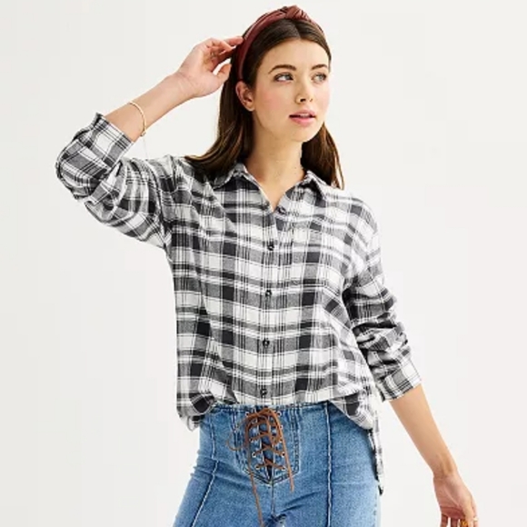 NWT Juniors'/Womans' SO Core Flannel Shirt-XXL-Gray White Plaid - Picture 1 of 3